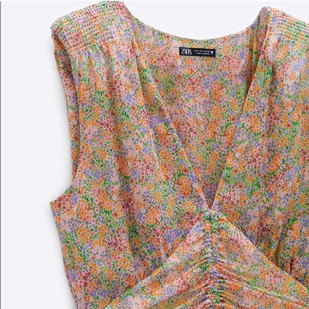 Zara floral print V-neck sleeveless draped dress - Picture 3 of 8